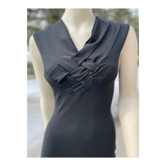 90s Lagenes Black Bodycon Wiggle Dress Sz 14 Crisscross Sleeveless Party Bandage - Picture 1 of 12